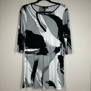 NWT Sun Kim Tunic Top Black Gray White Abstract Print Jersey Knit Blouse Small